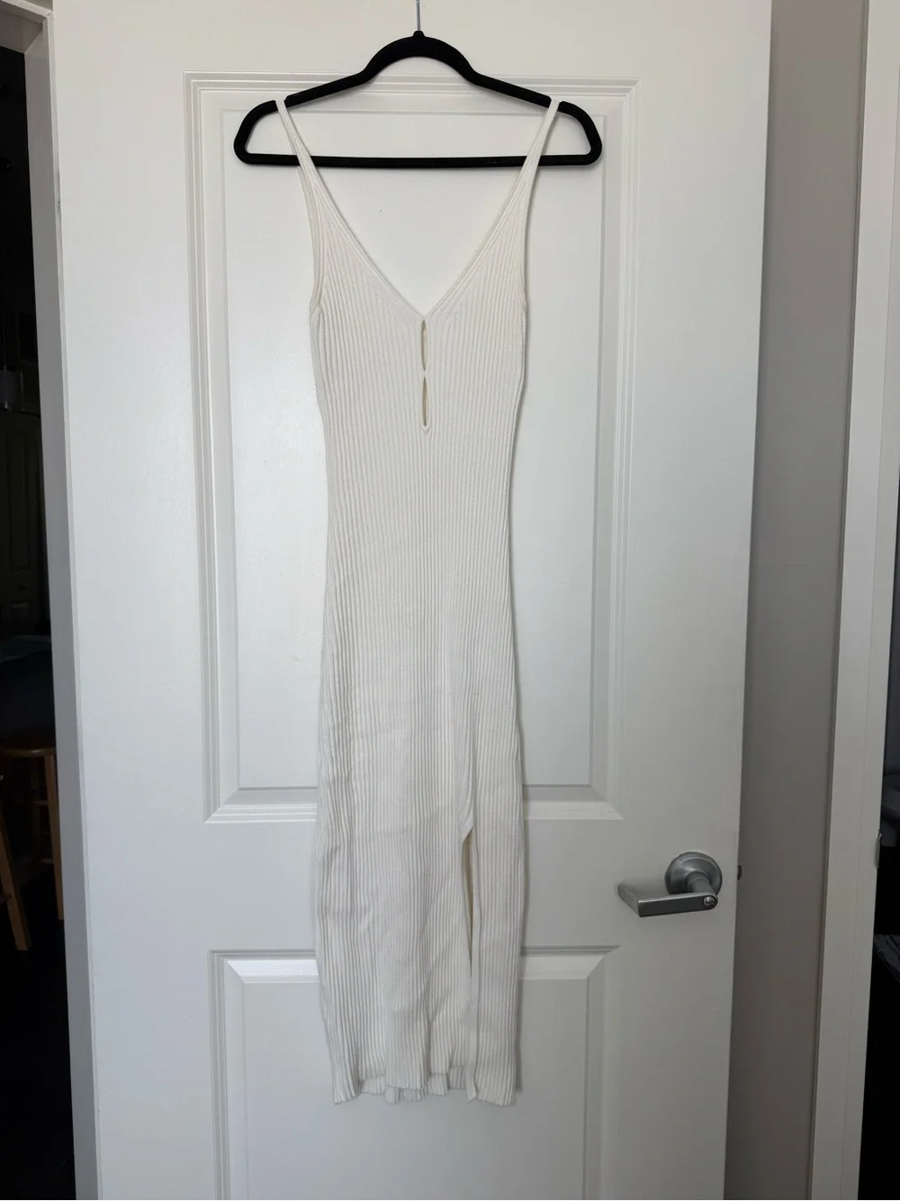 Slim Ribbed White V-Neck Sweater Dress